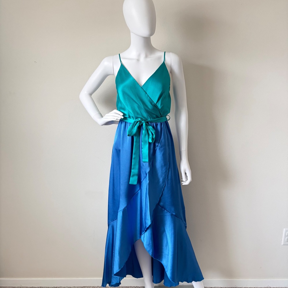 VICI Small Tyche Teal Blue Wedding Guest Satin High Low‎ Wrap Maxi Event Dress